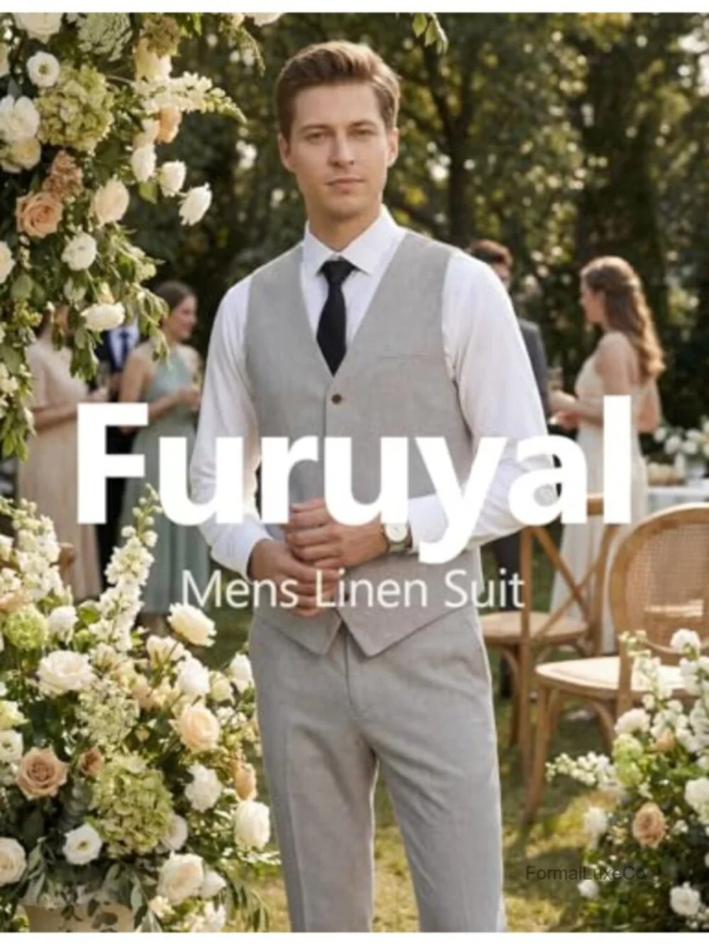 Mens Linen Suit Set - 2 Piece Vest and Pants Wedding Outfit